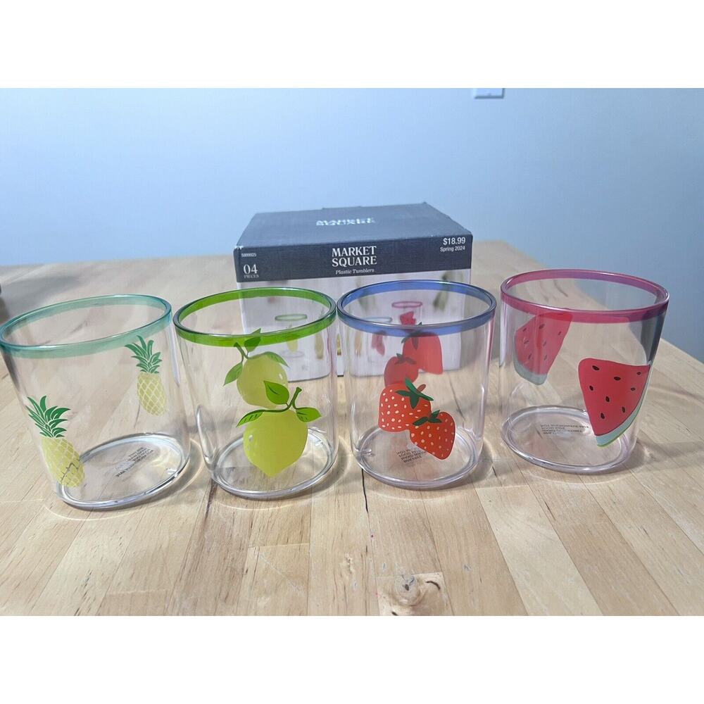 Tumbler Glasses 12 Oz fruit Design Set-4 Acrylic Plastic Retro Lowball Tumblers